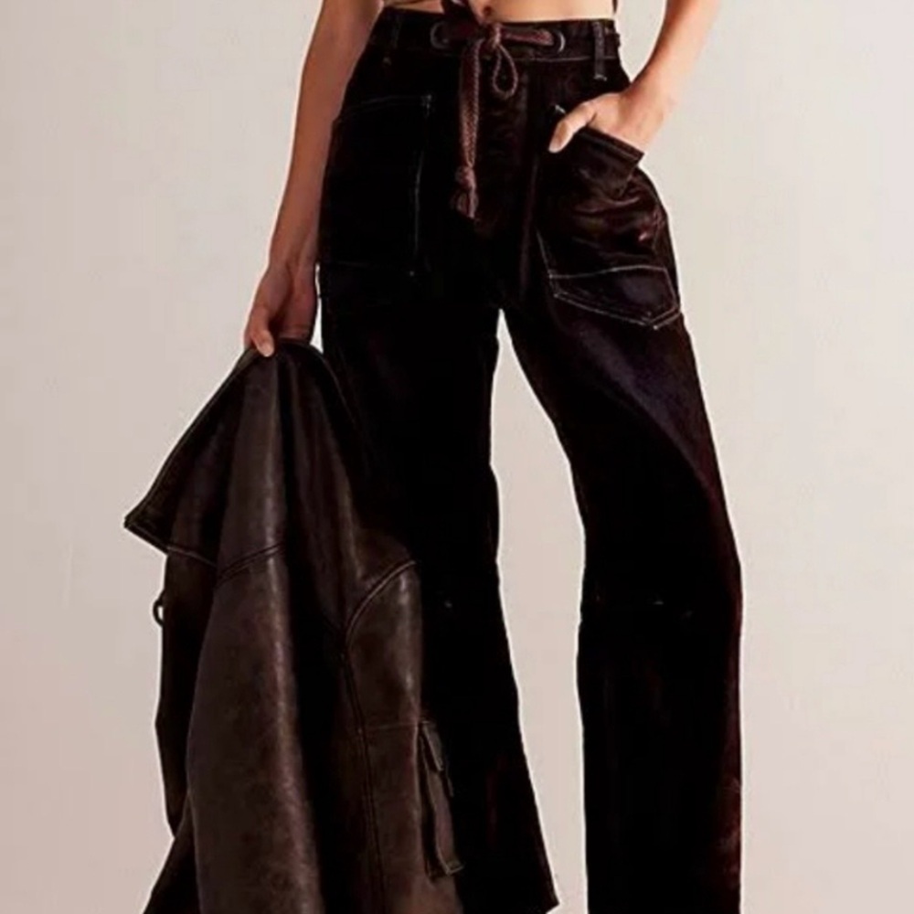 Free People Dark Brown Moxie Flocked  barrel jeans - Picture 2 of 12